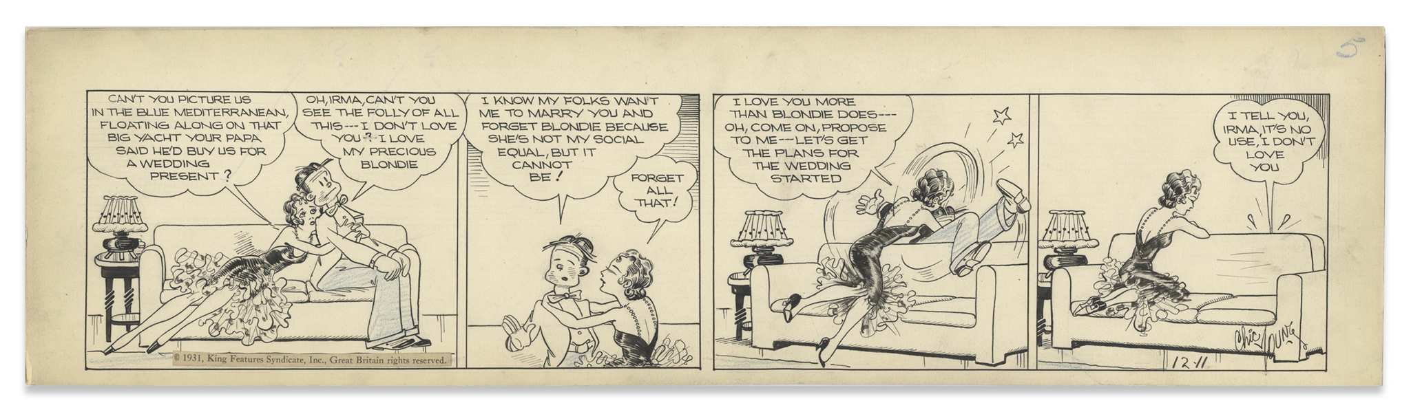 Chic Young Hand-Drawn ''Blondie'' Comic Strip From 1931 Titled ''A Boy in Love'' -- Dagwood Professes His Love for Blondie